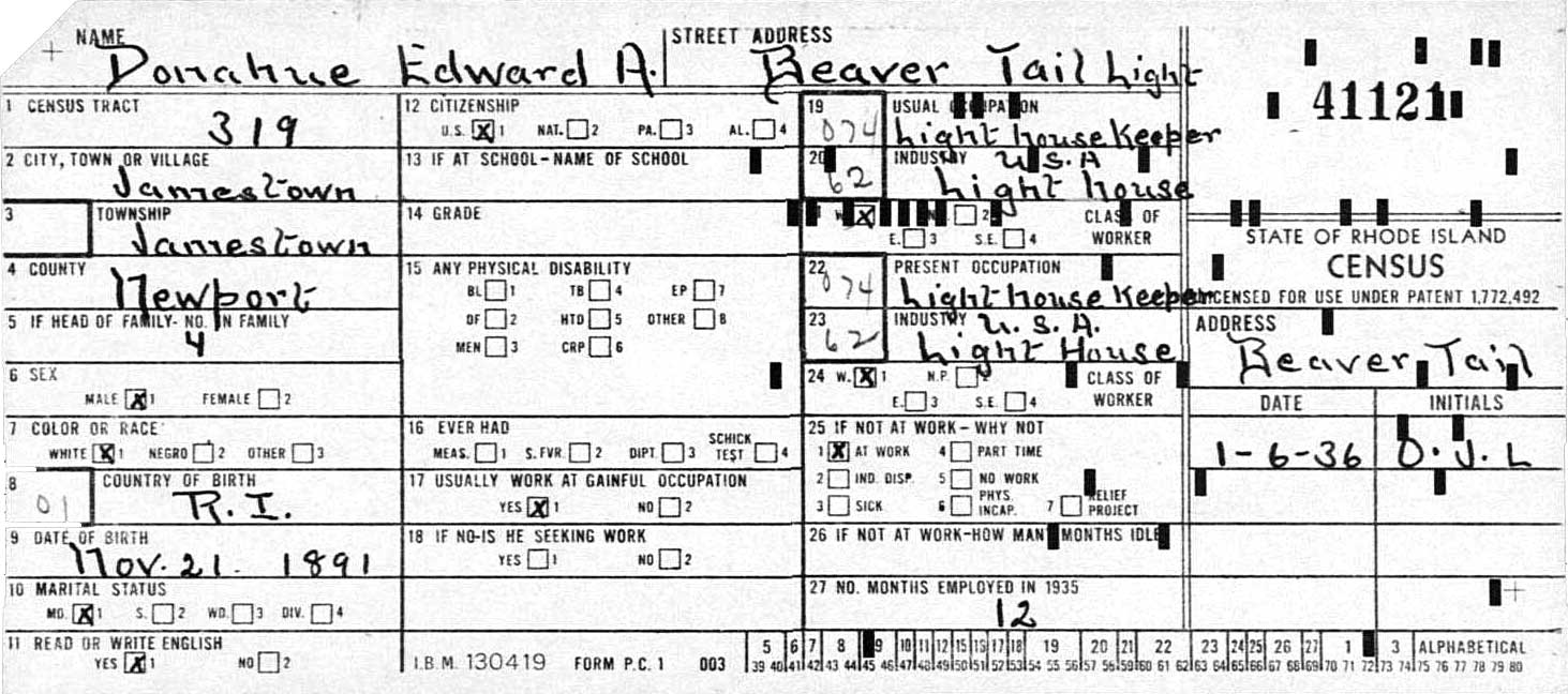 1935 Rhode Island States Census For Beavertail Lighthouse