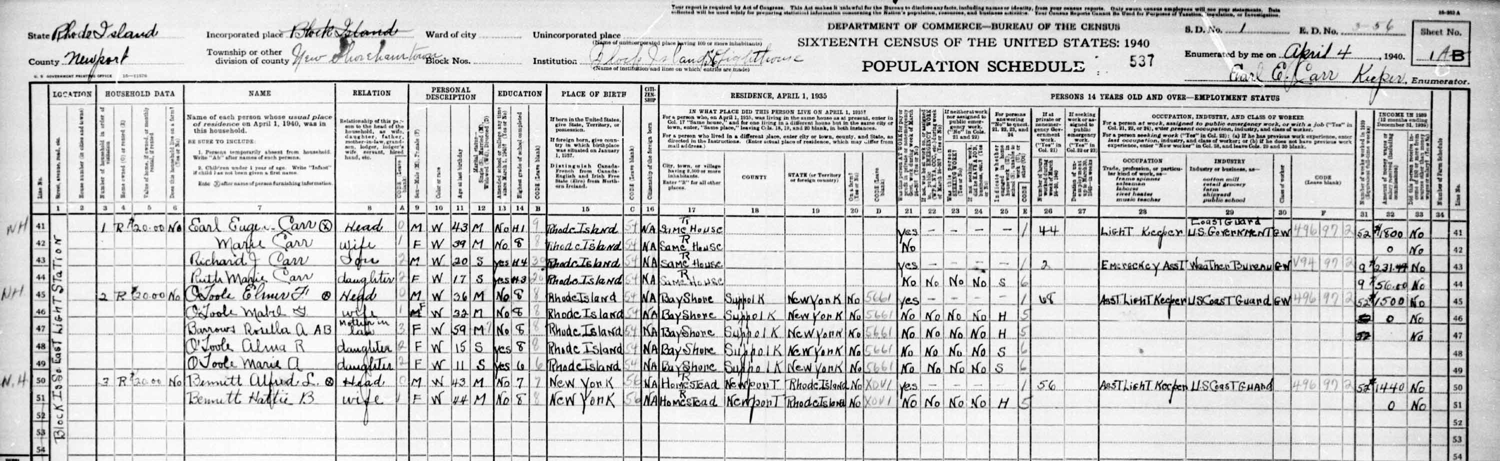 Block Island Southeast Lighthouse 1940 Census