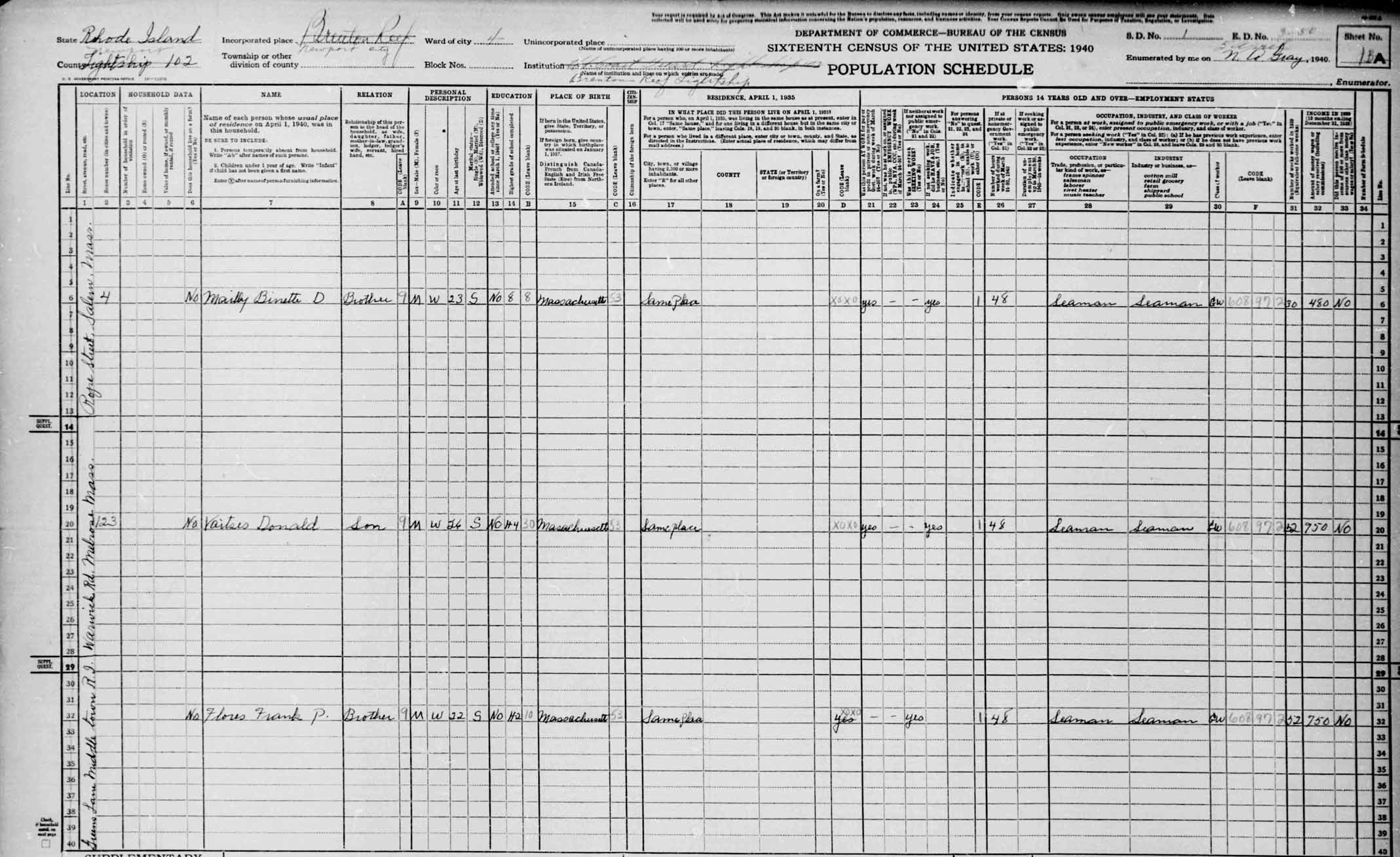 Brenton Reef Lightship 1940 Census