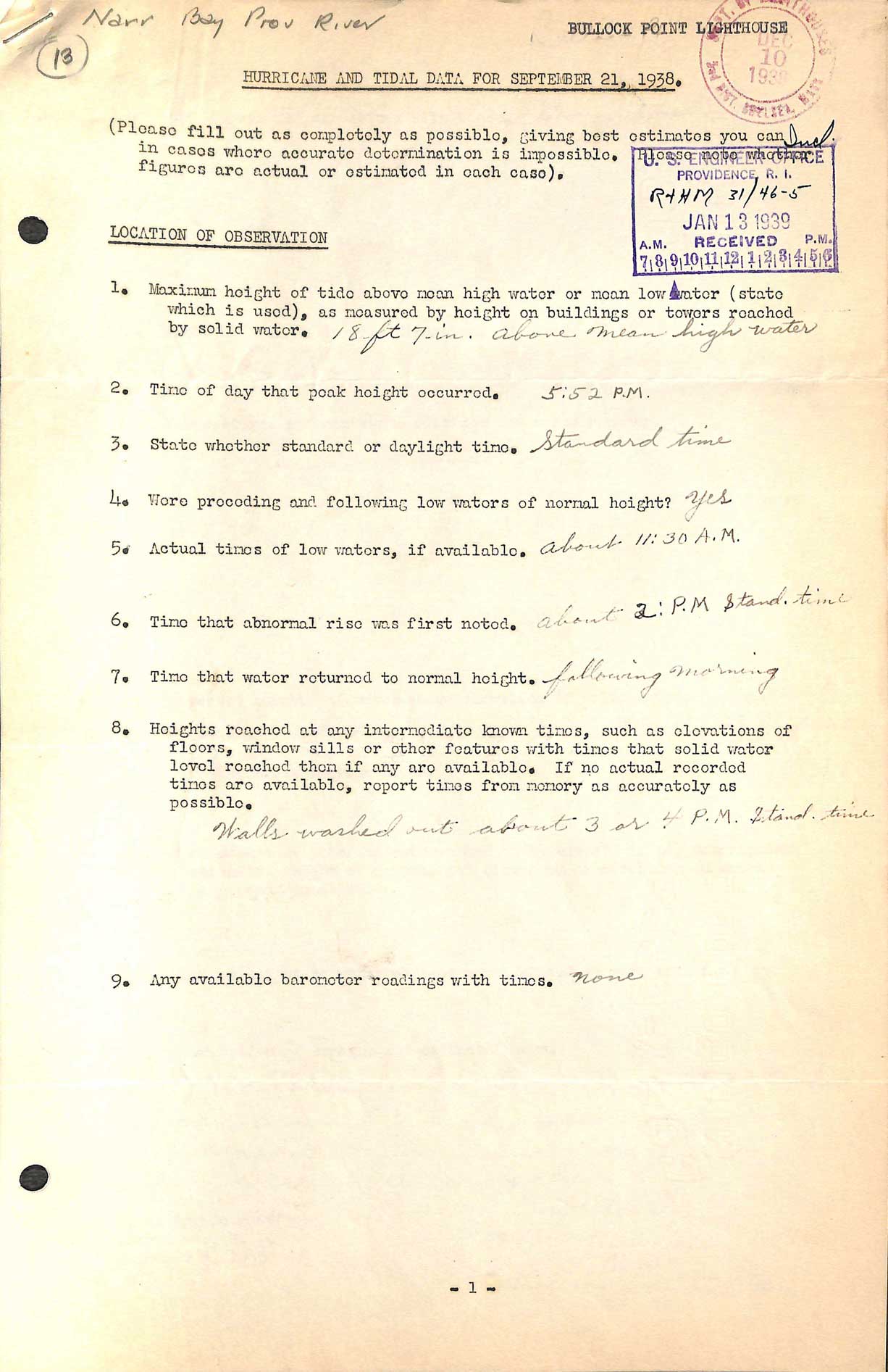 Bullock's Point Light - A questionnaire regarding the hurricane of September 21, 1938