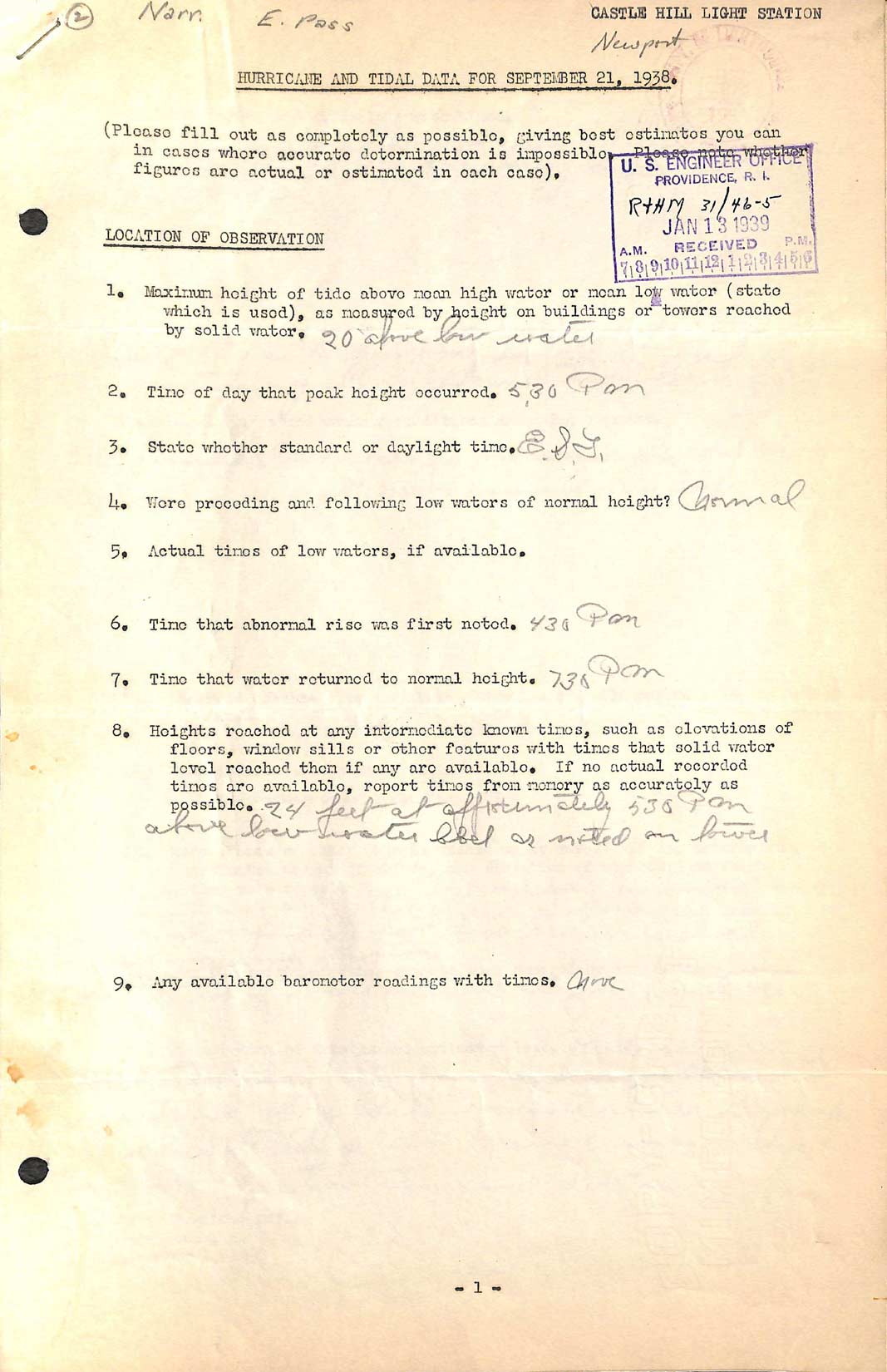 A questionnaire regarding the Effects of hurricane of September 21, 1938