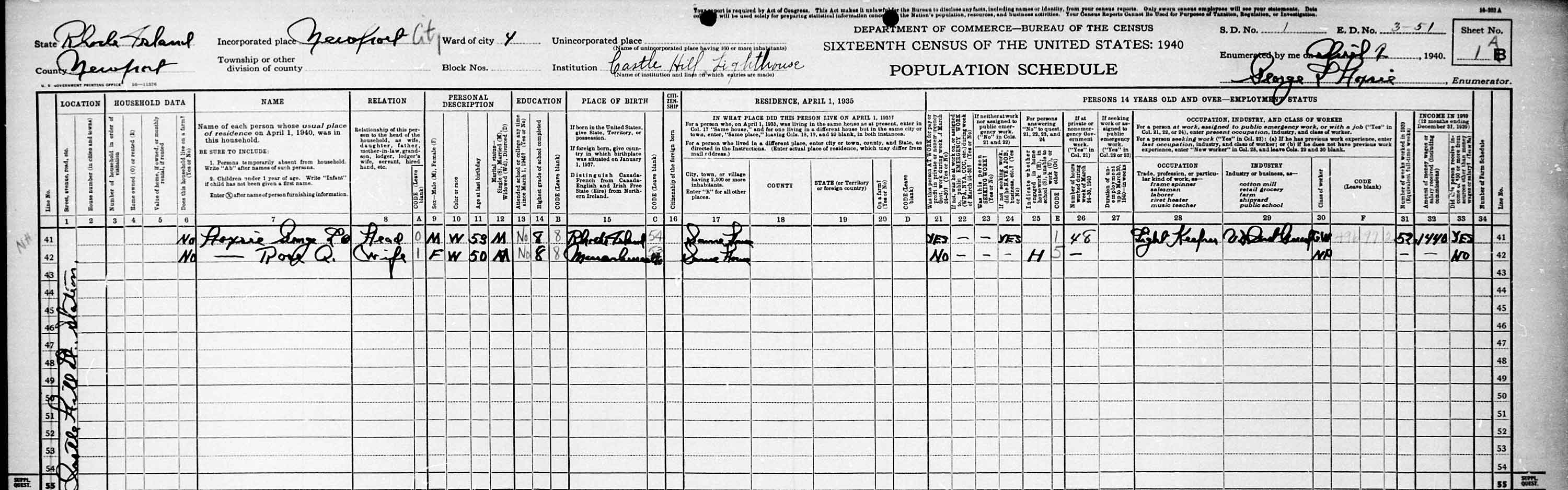 Castle Hill Lighthouse 1940 Census