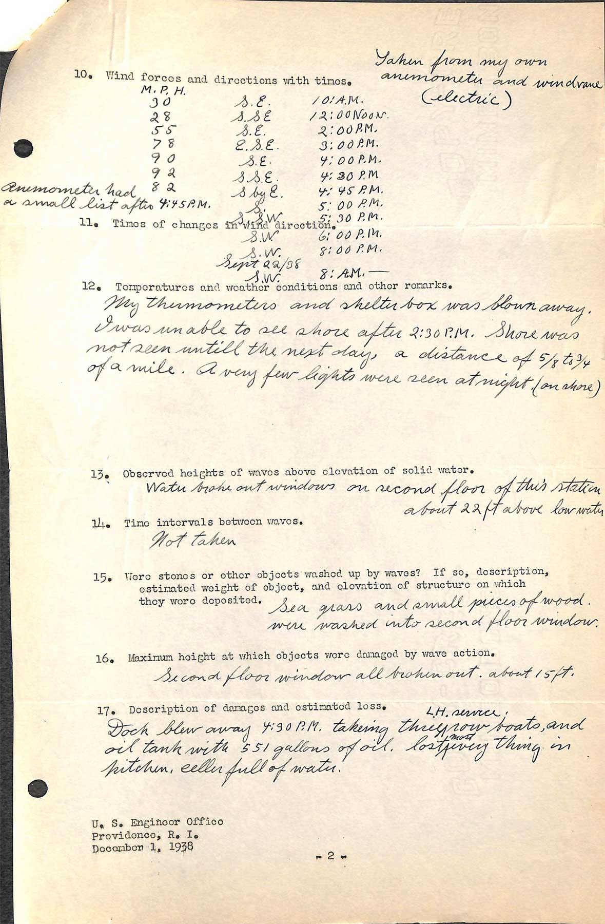Conimicut Light - A questionnaire regarding the hurricane of September 21, 1938