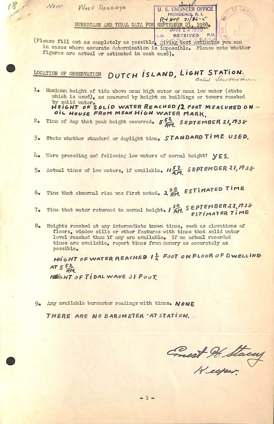 Dutch Island Light - A questionnaire regarding the hurricane of September 21, 1938