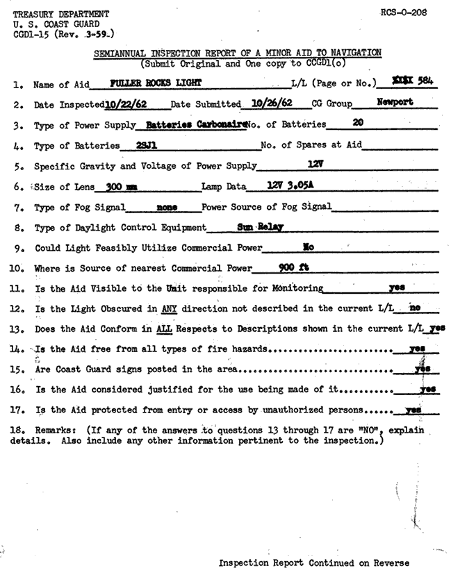 Fuller Rock Light - Semiannual Inspection Report of Minor Aid to Navigation 10/22/62