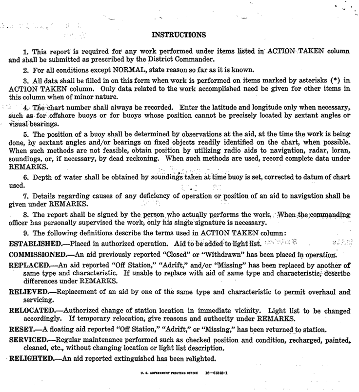 Fuller Rock Light - Instruction on Filling out Report on Aid to Navigation