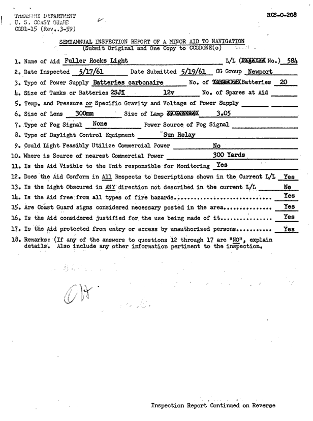 Fuller Rock Light - Semiannual Inspection Report of Minor Aid to Navigation 5/17/61