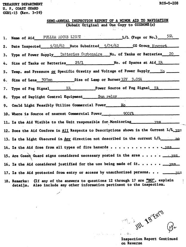 Fuller Rock Light - Semiannual Inspection Report of Minor Aid to Navigation 5/22/62
