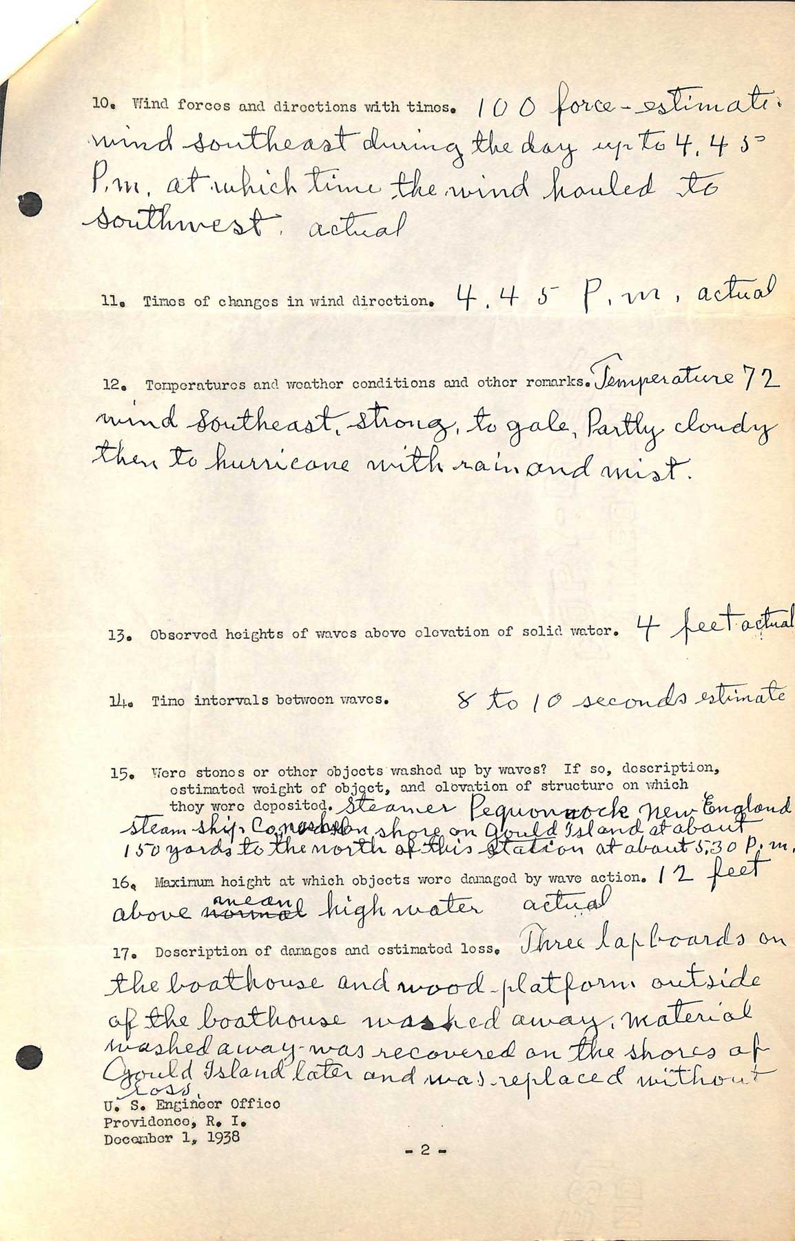 Gould Island Light - A questionnaire regarding the hurricane of September 21, 1938