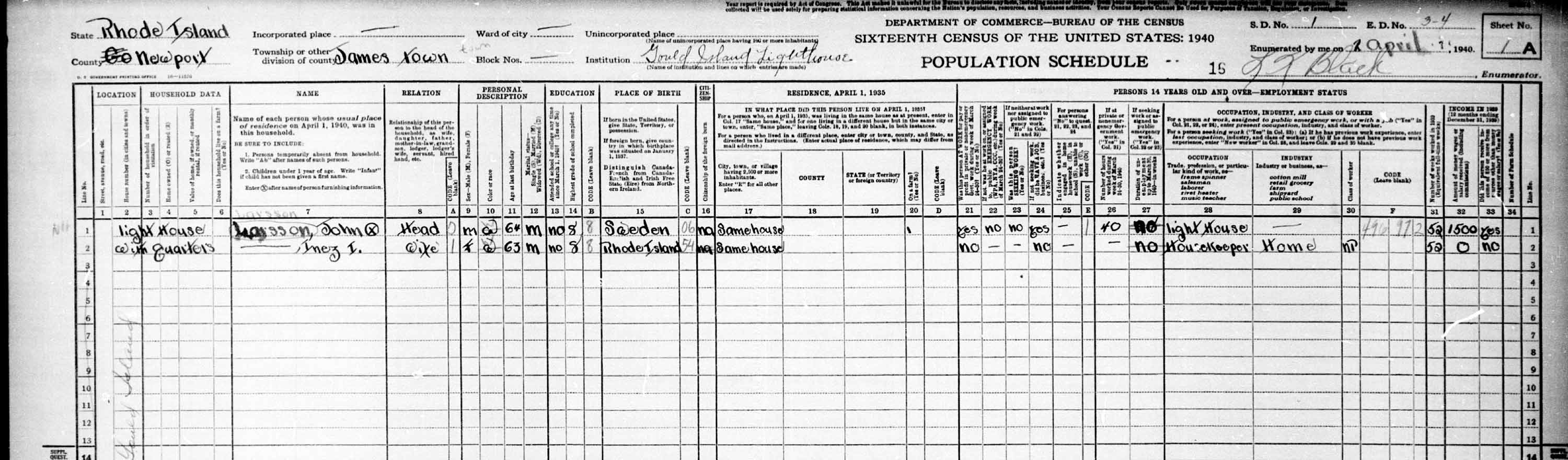 Gould Island Lighthouse 1940 Census