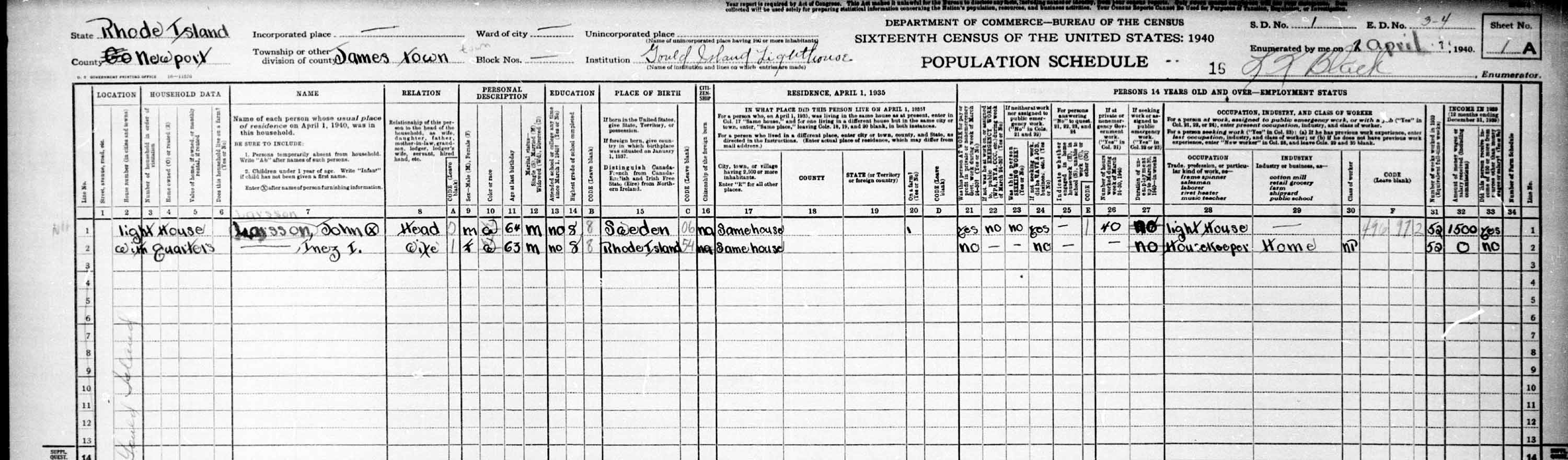 Gould Island Lighthouse 1940 Census