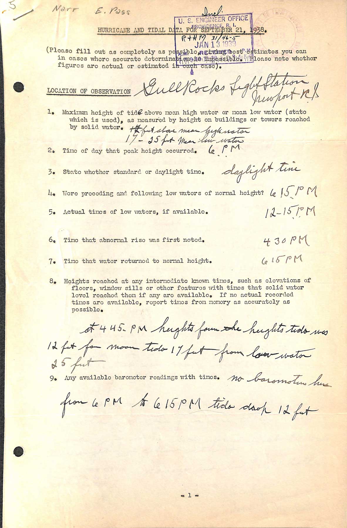 Gull Rock Light - A questionnaire regarding the hurricane of September 21, 1938