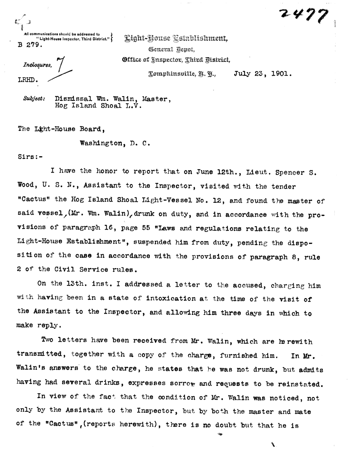 Hog Island Shosl Lightship LV-12 - Inspector's to Letter Washington DC about Lightship's Keeper Being Drunk on Duty 