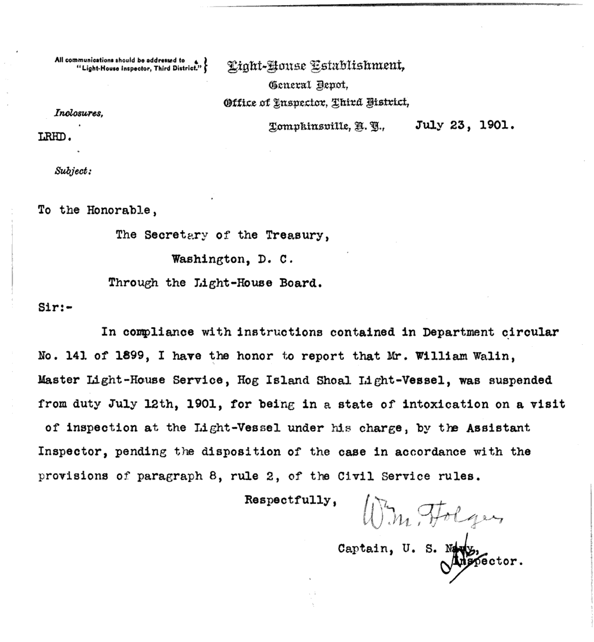 Hog Island Shosl Lightship LV-12 - Letter to the Secretary of the Treasury about Lightship's Keeper Being Drunk on Duty 