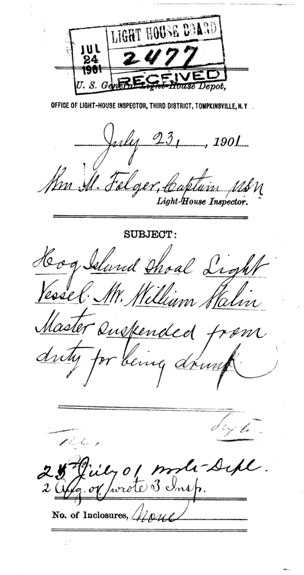 Hog Island Shosl Lightship LV-12 - Subject memo about Lightship's Keeper Letter of about Being Drunk on Duty 