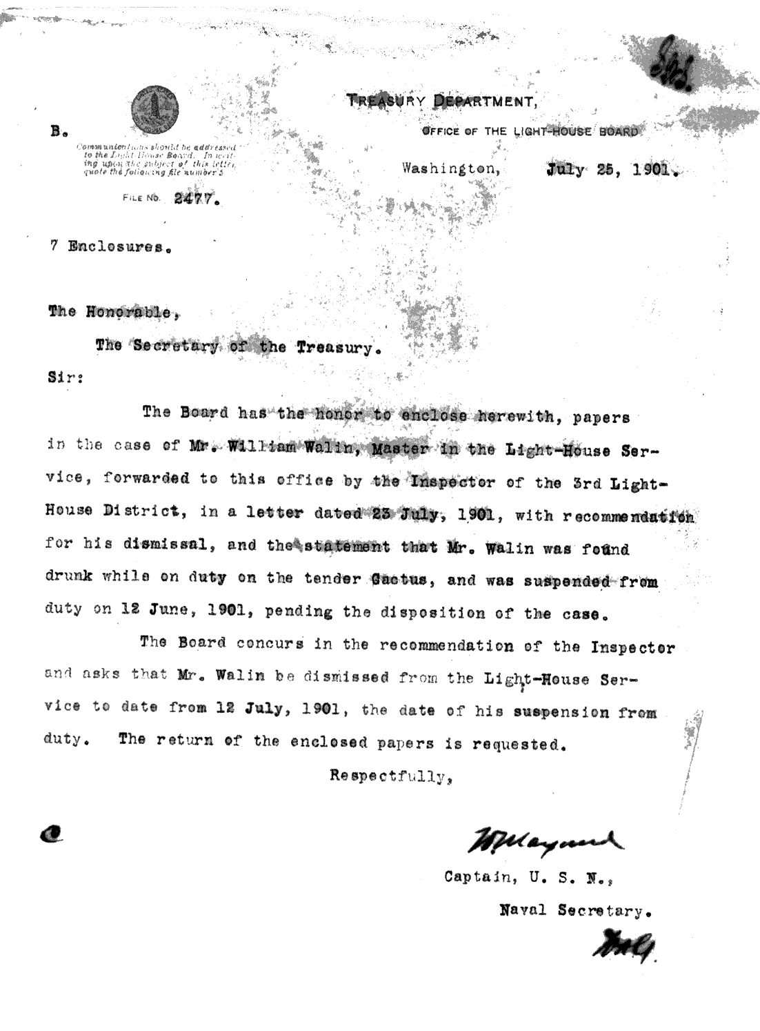 Hog Island Shosl Lightship LV-12 - Letter to the Secretary of the Treasury Lightship's about Lightship's Keeper Letter of about Being Drunk on Duty 