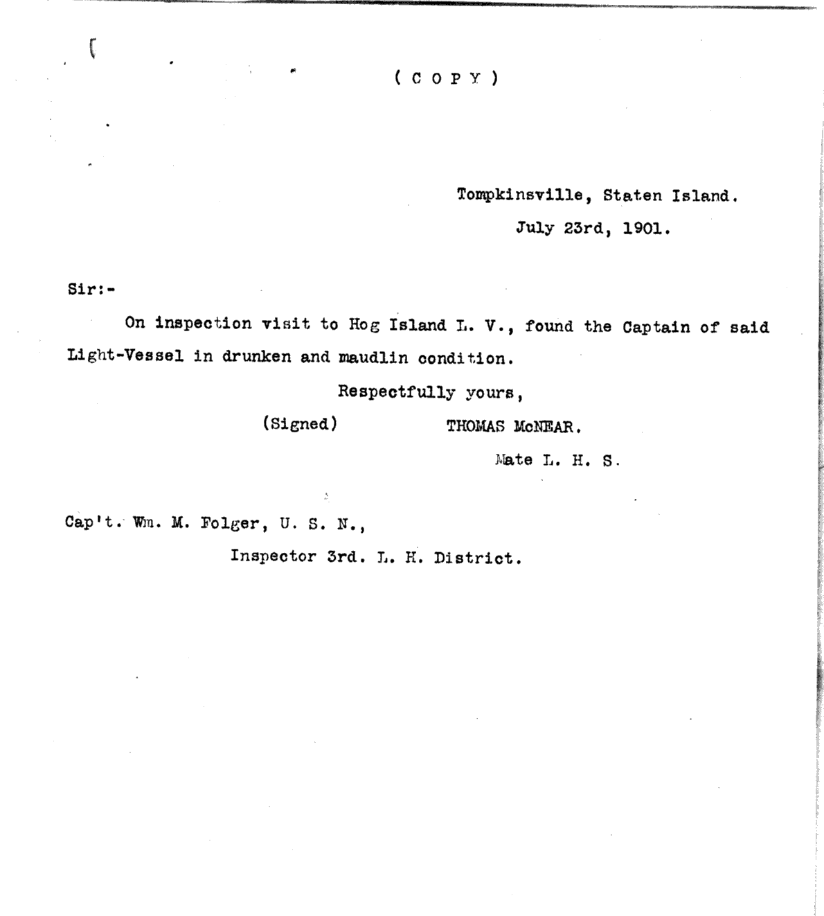 Hog Island Shosl Lightship LV-12 - Witness Letter about Lightship's Keeper Letter of about Being Drunk on Duty 