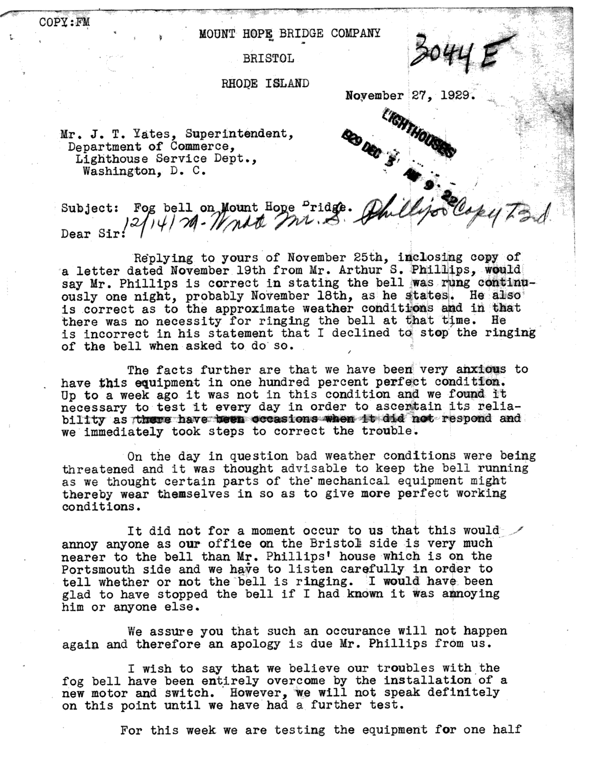 Mount Hope Bridge Company Letter to Lighthouse Service about Fog Bell