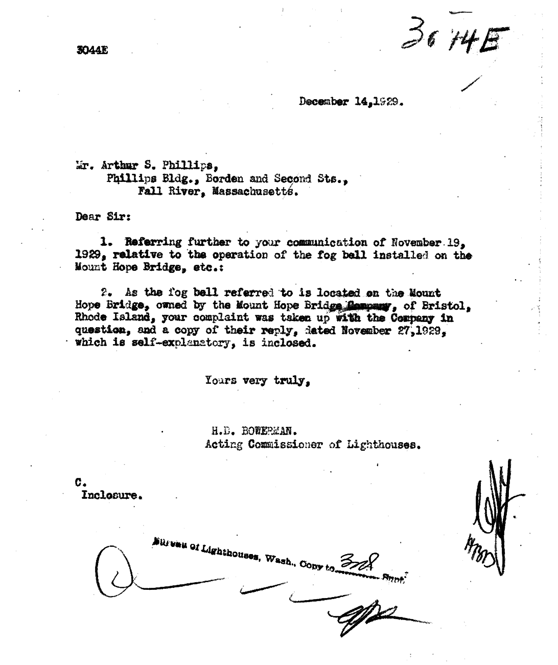 Lighthouse Service Letter To Mr. Philips About Fog Bell on Mount Hope Bridge