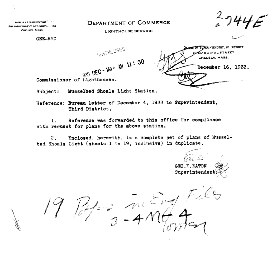 Lighthouse Service Letter Replying to Request FOR Blueprints of Musselbed Shoals Lighthouse