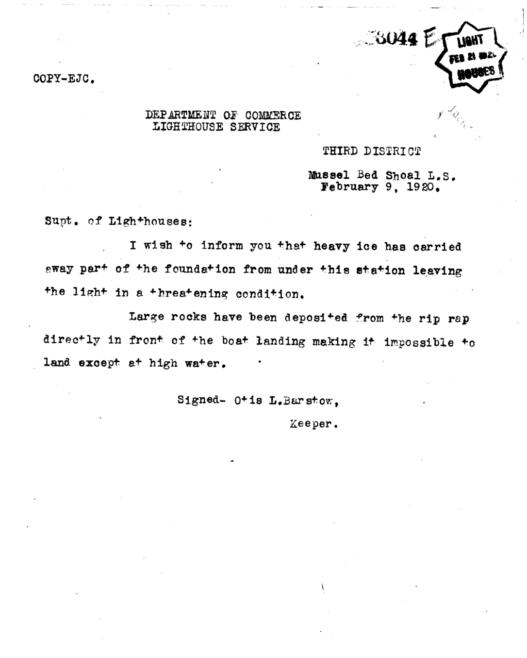 Keeper's Letter About Damaged to Lighthouse Foundation 