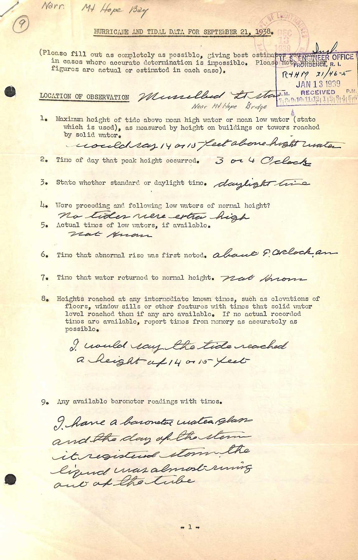 A questionnaire regarding the hurricane of September 21, 1938