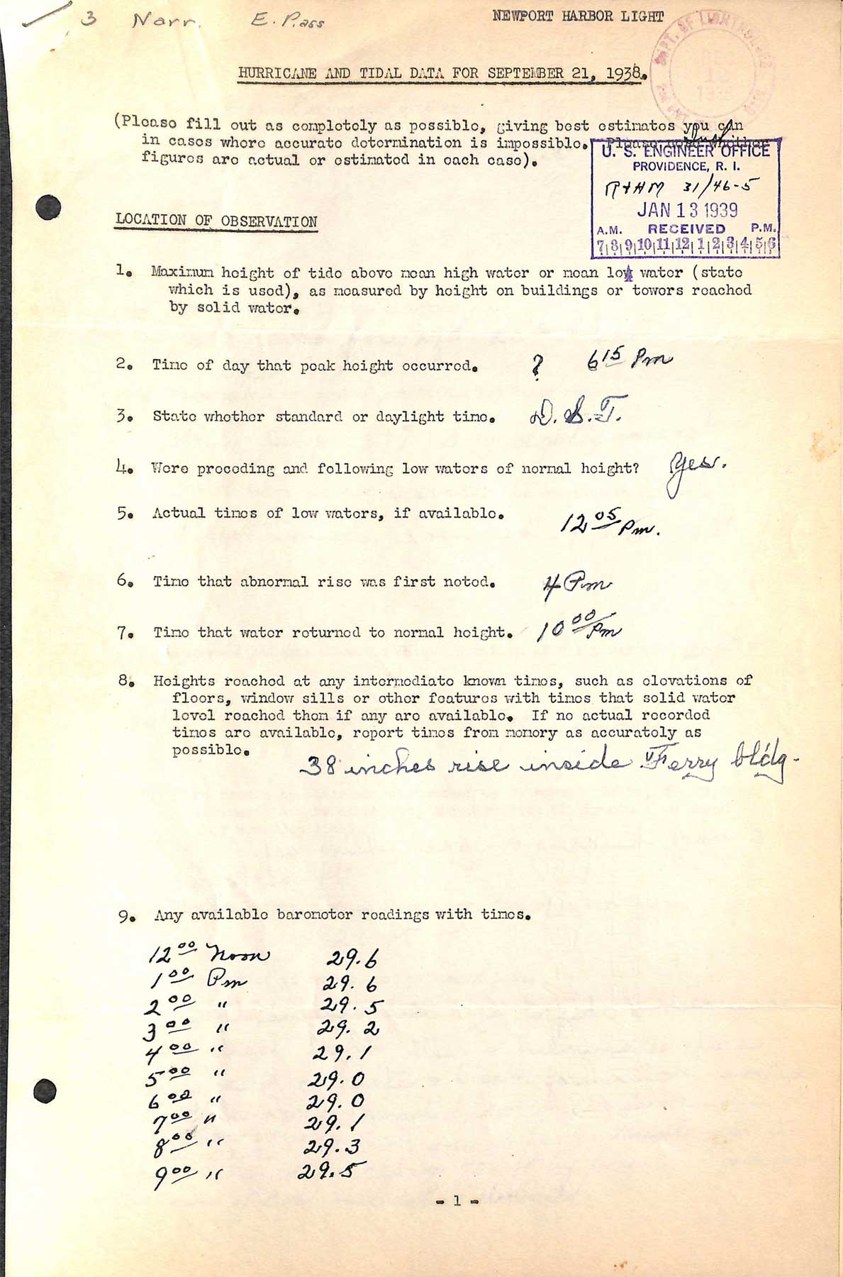 Newport Harbor Light - A questionnaire regarding the Effects of hurricane of September 21, 1938