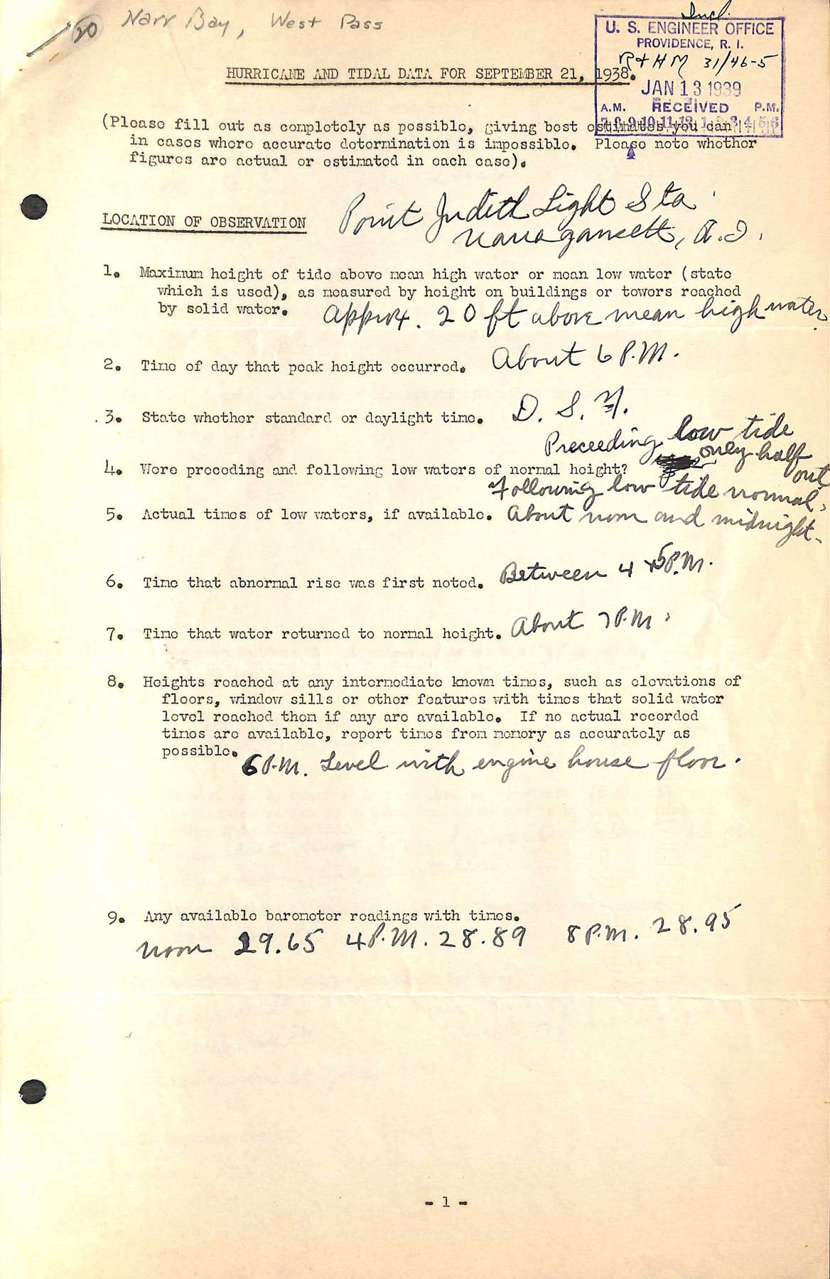 Point Judith Light - A questionnaire regarding the hurricane of September 21, 1938