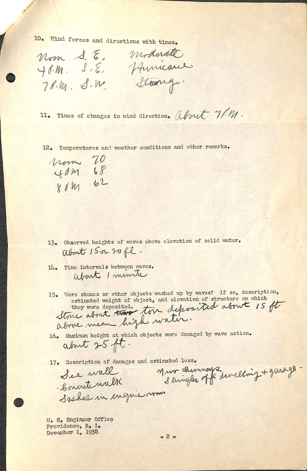 Point Judith Light - A questionnaire regarding the hurricane of September 21, 1938