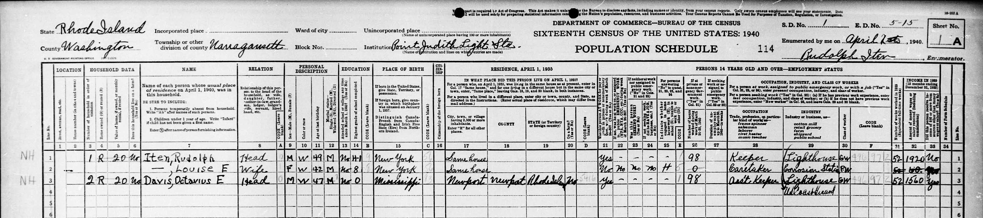 Point Judith Lighthouse 1940 Census