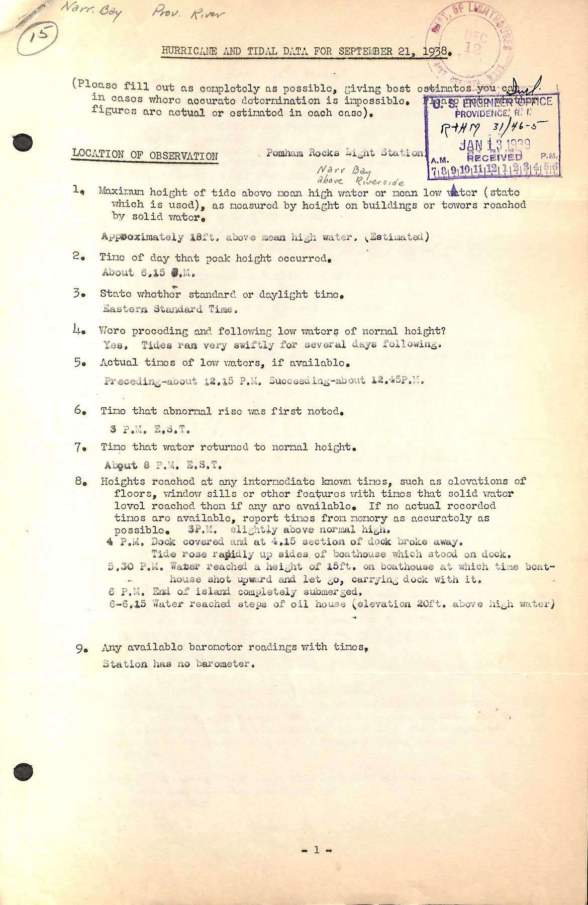 Pohman Rock Light - A questionnaire regarding the Effects of hurricane of September 21, 1938
