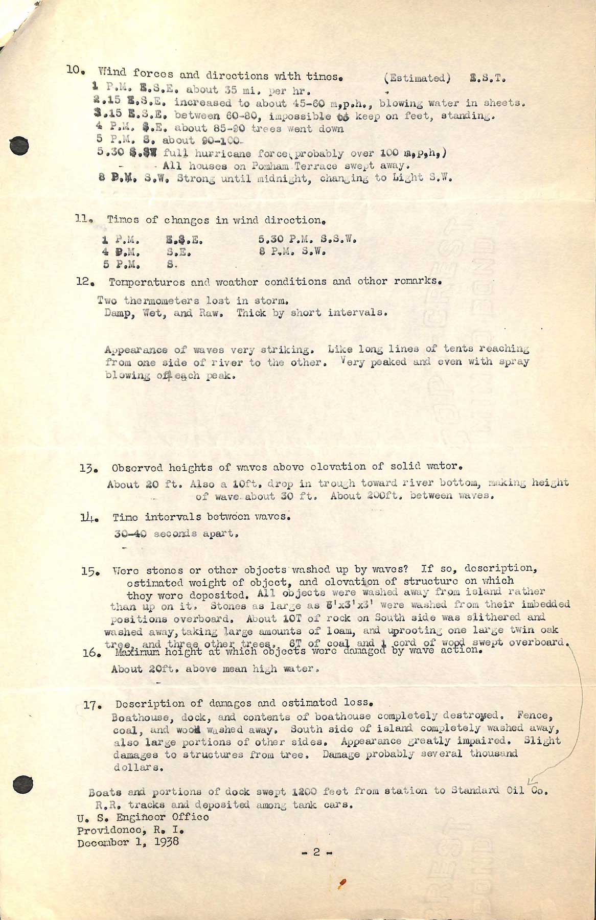 Pohman Rock Light - A questionnaire regarding the Effects of hurricane of September 21, 1938