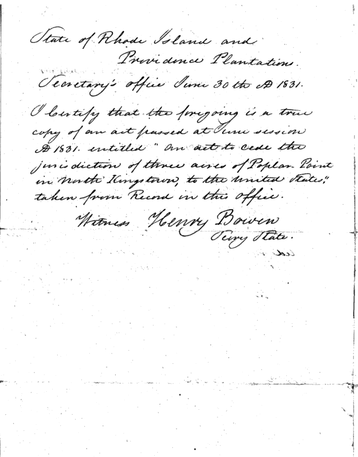 Poplar Point Light - Rhode Island Secretary Letter about Ceded Land to Federal Government - page 2