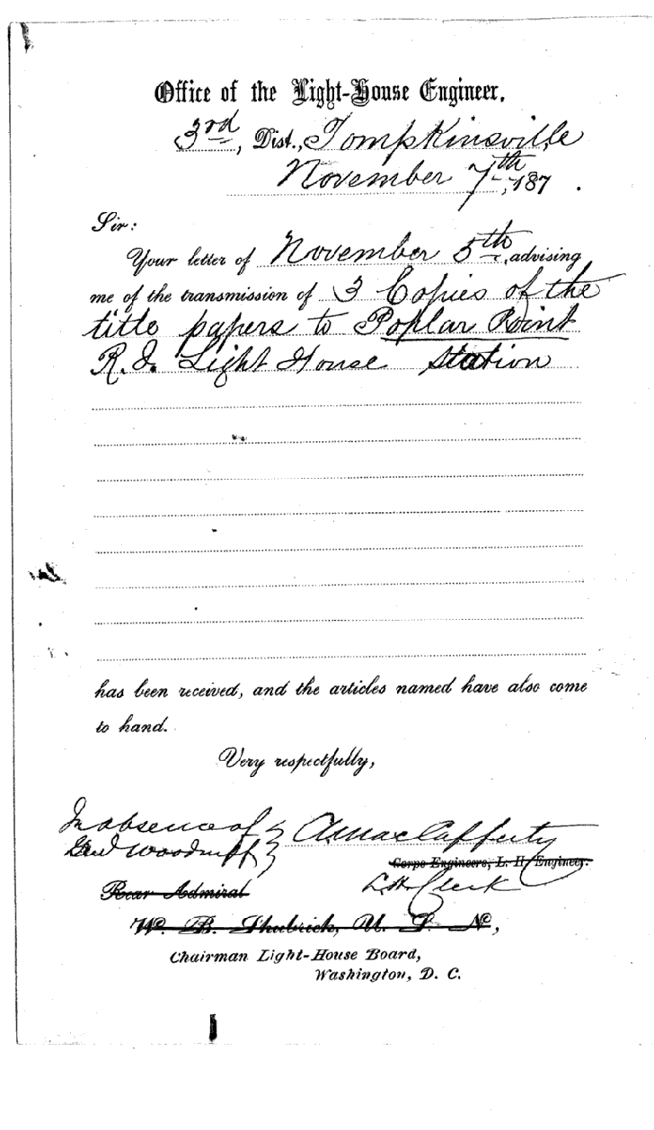 Poplar Point Light - A Letter about the Title Papers for Poplar Point Lighthouse - page 1 