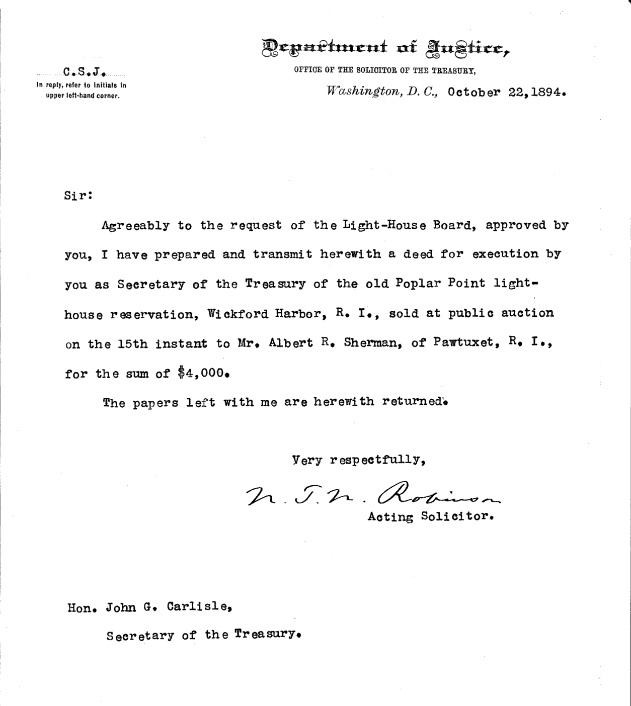 Poplar Point Light - Letter about transferring Poplar to the Federal Government  