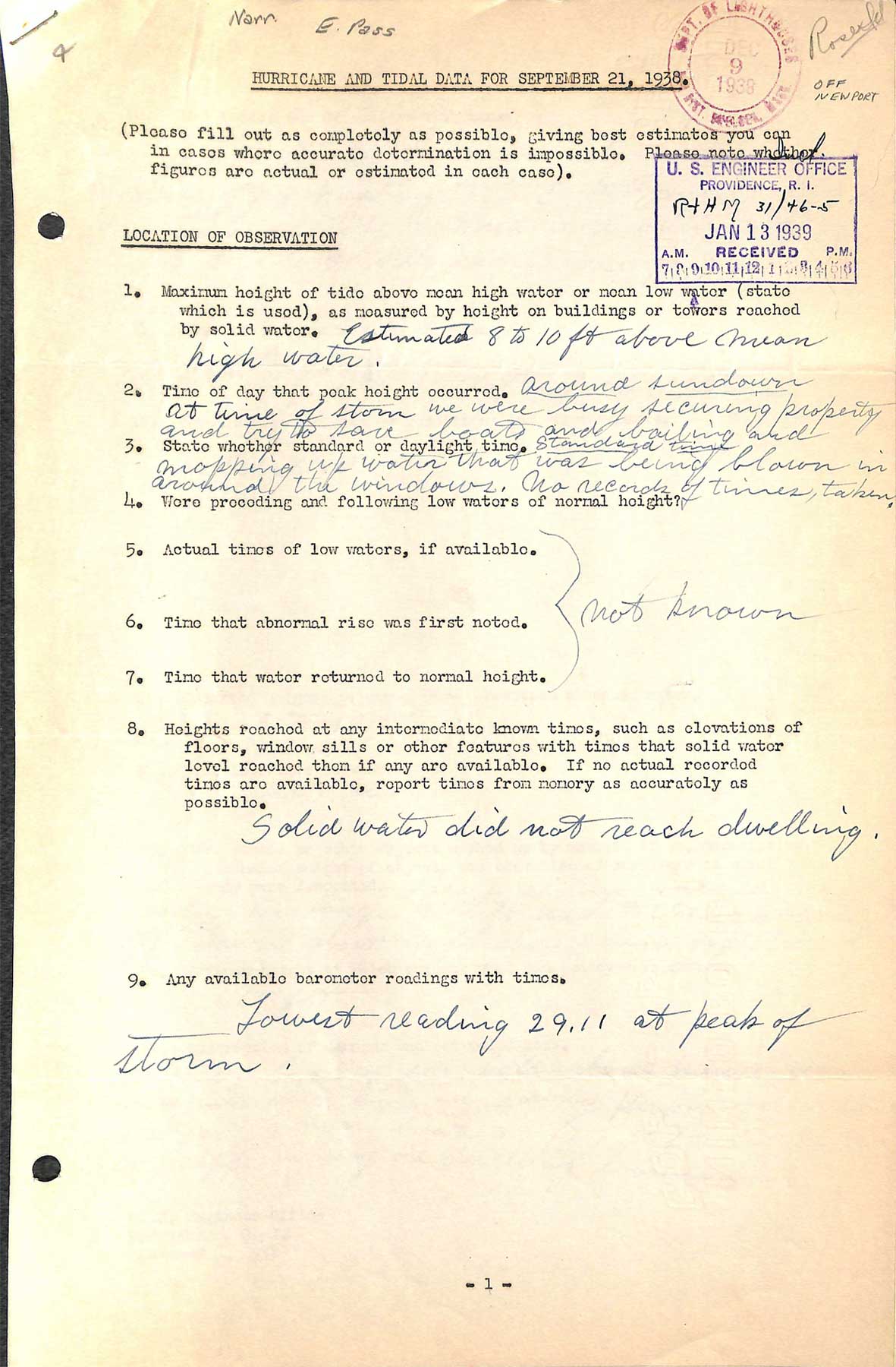 A questionnaire regarding the hurricane of September 21, 1938