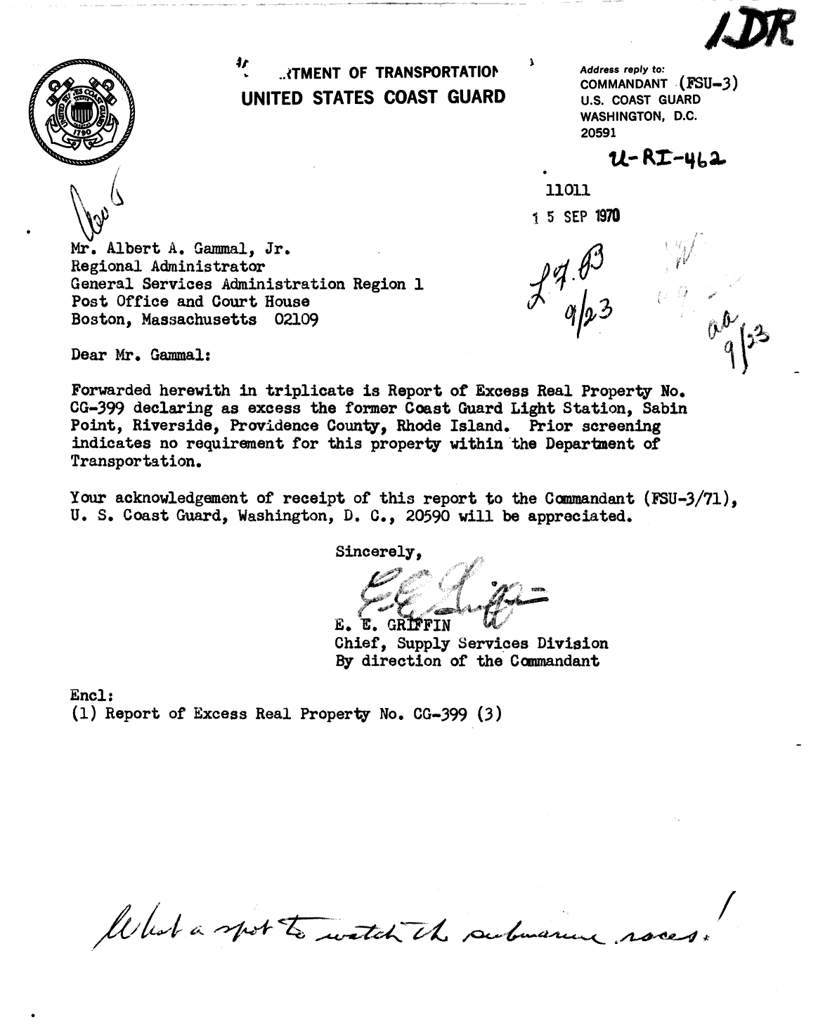 Sabin Point Light - Memorandum to Director, Office of Logistics and Procurement Management - 1970