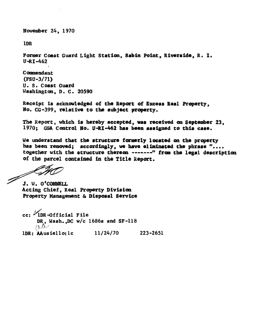 Sabin Point Light - Letter to the Coast Guard Commandant About Disposal of Sabin Point Lighthouse - 1970