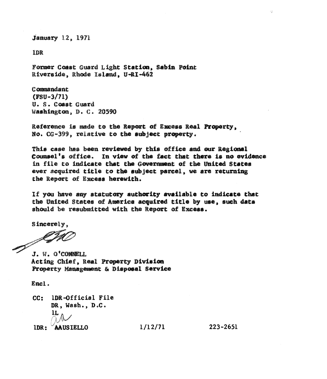 Sabin Point Light - Letter to the Coast Guard Commandant About Ownership the land under Sabin Point Lighthouse - 1971