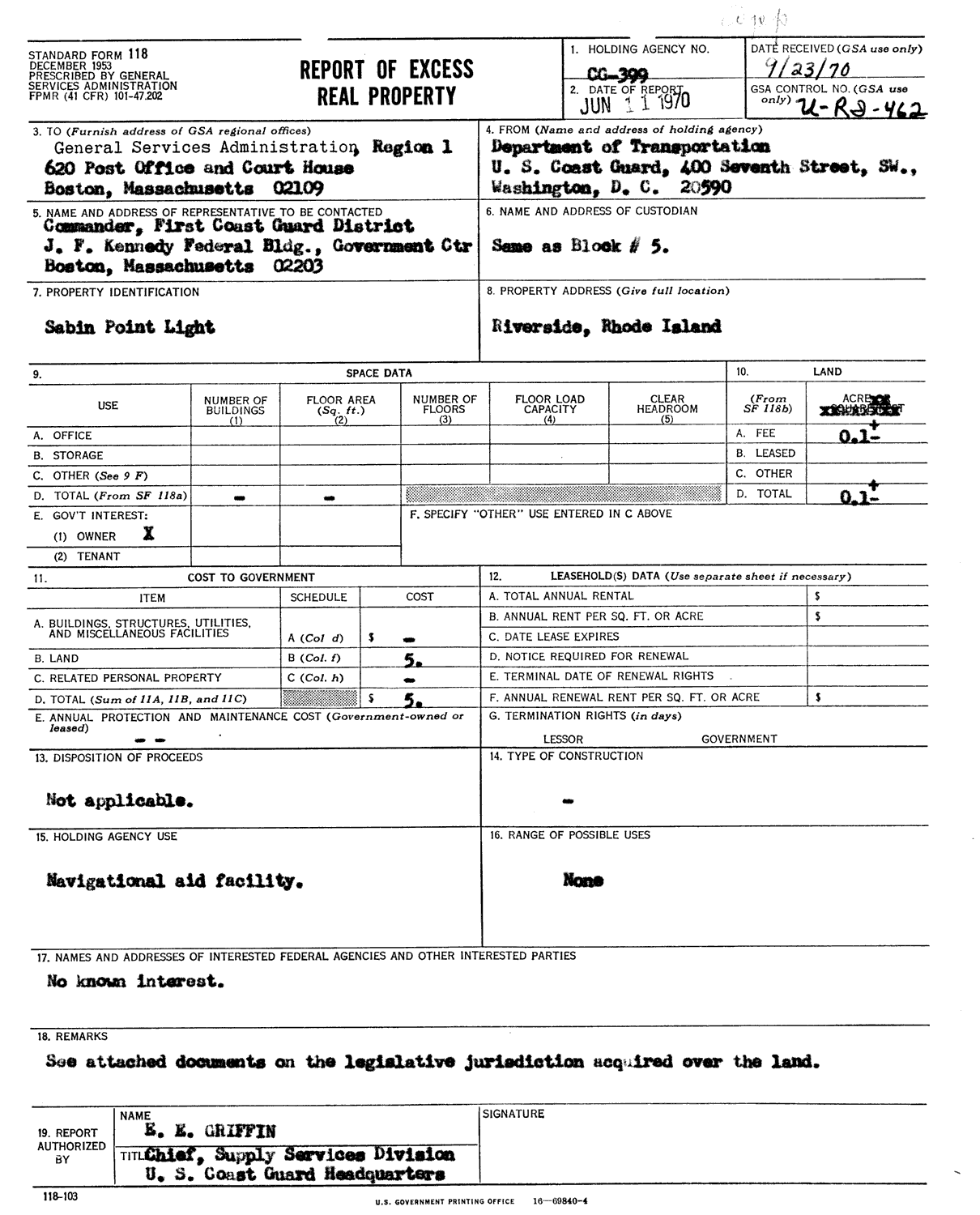 Sabin Point Light - Form 118 - Report of Excess Real Property - 1970