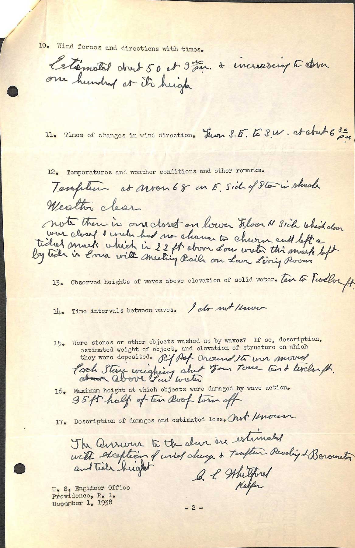 Sabin Point Light - A questionnaire regarding the hurricane of September 21, 1938