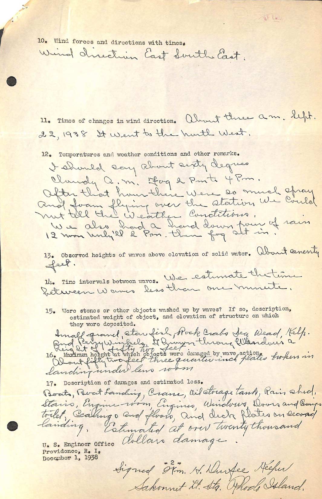 A questionnaire regarding the Effects of hurricane of September 21, 1938