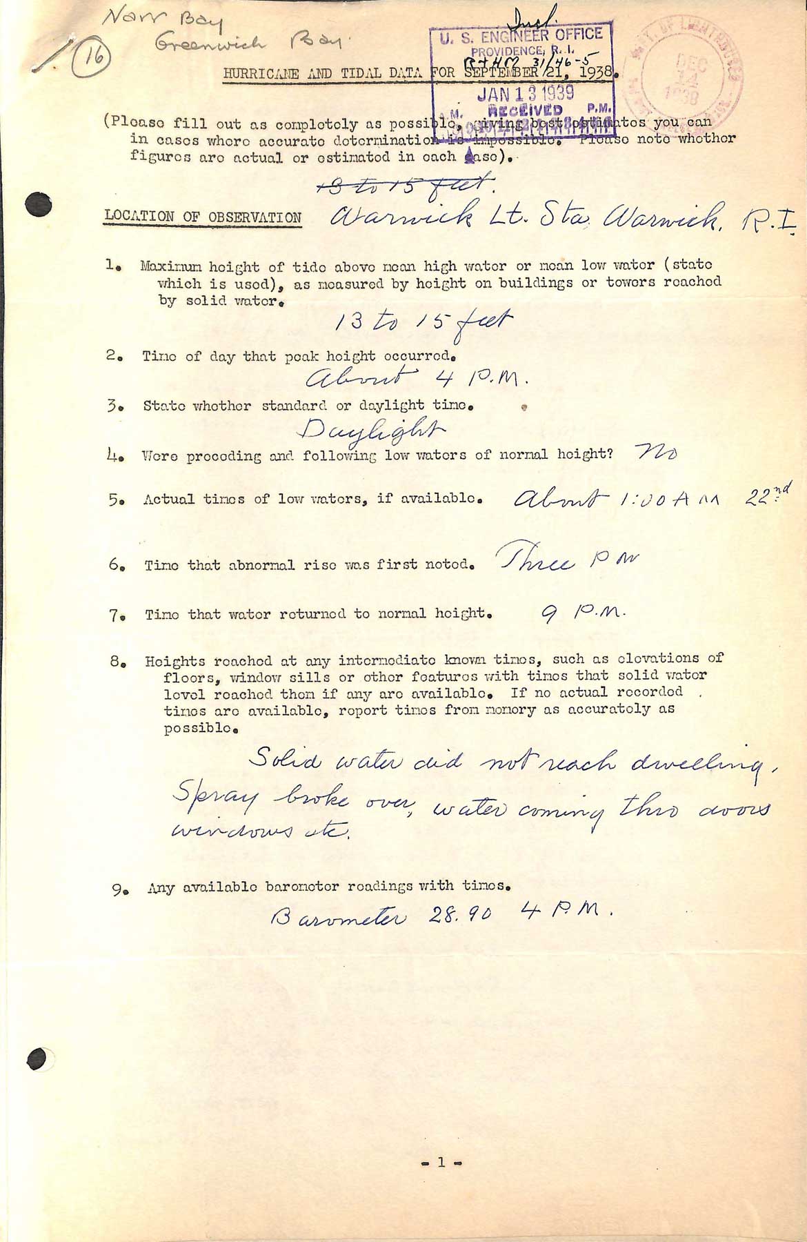 Warwick Light - A questionnaire regarding the hurricane of September 21, 1938