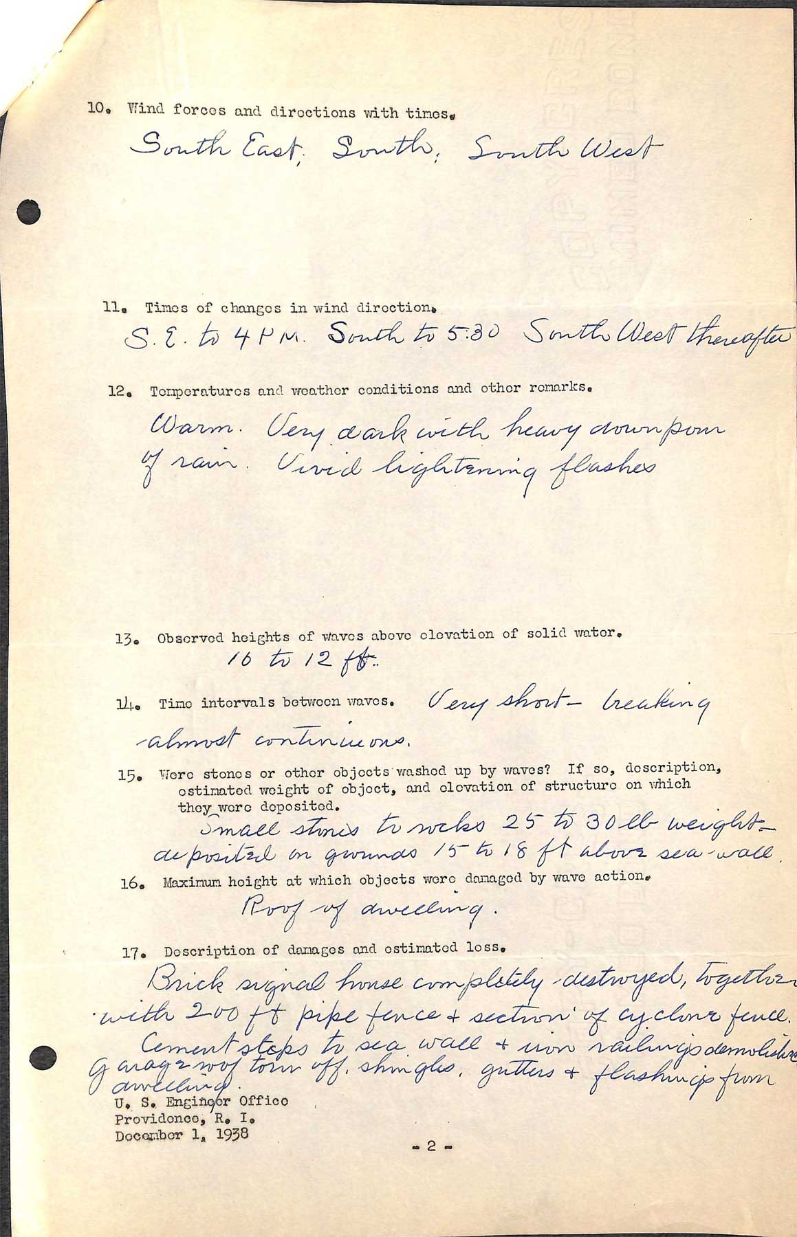 Warwick Light - A questionnaire regarding the hurricane of September 21, 1938