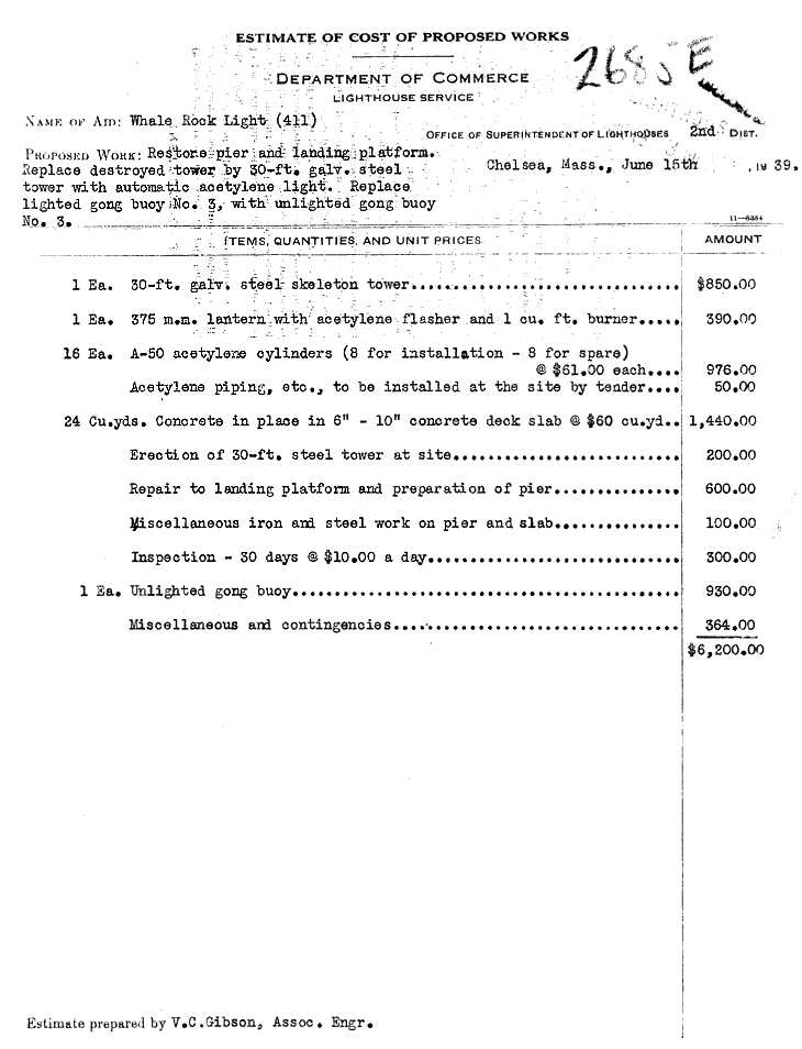 Cost to replace Whale Rock Lighthouse with a steel tower and automatic light