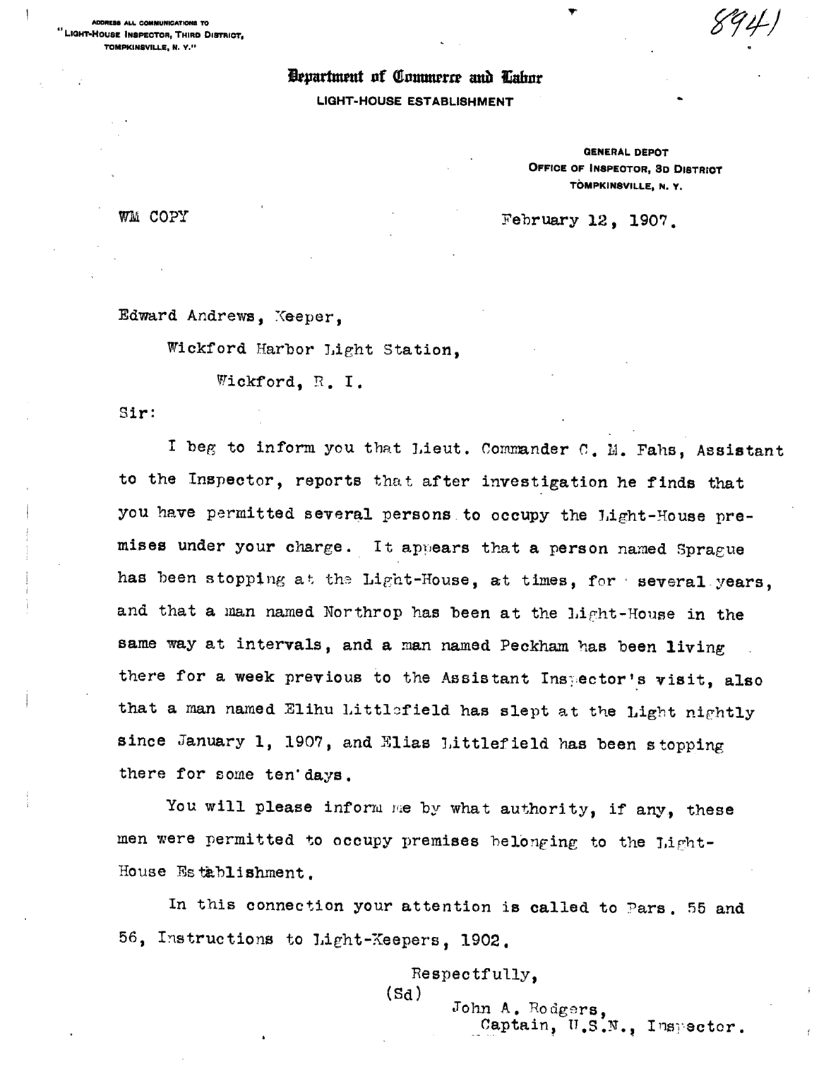 Wickford Harbor Light - Light-house Establishment Letter to Keeper- page 1