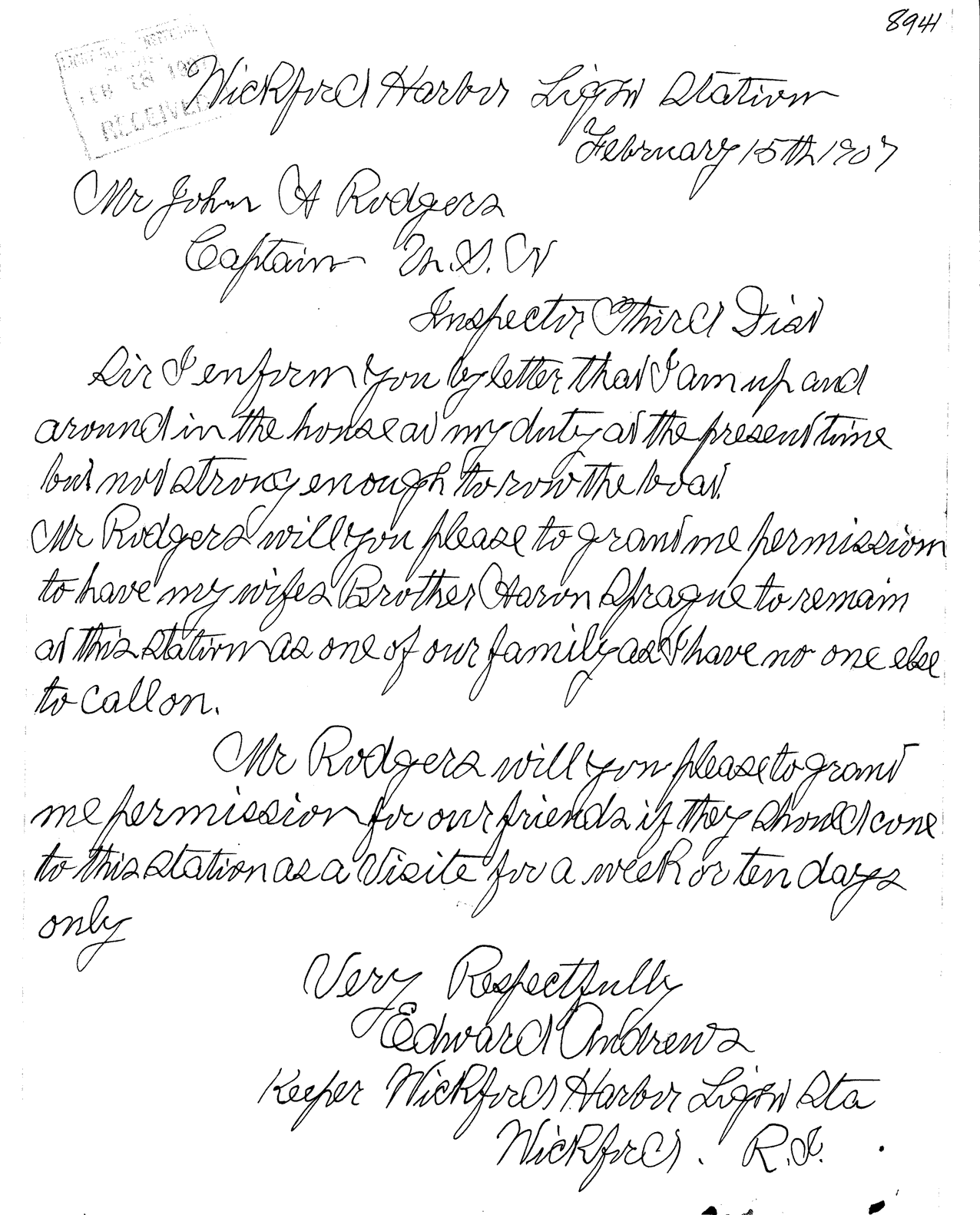 Wickford Harbor Light - Keeper's Letter to Light-house Establishment - page 2