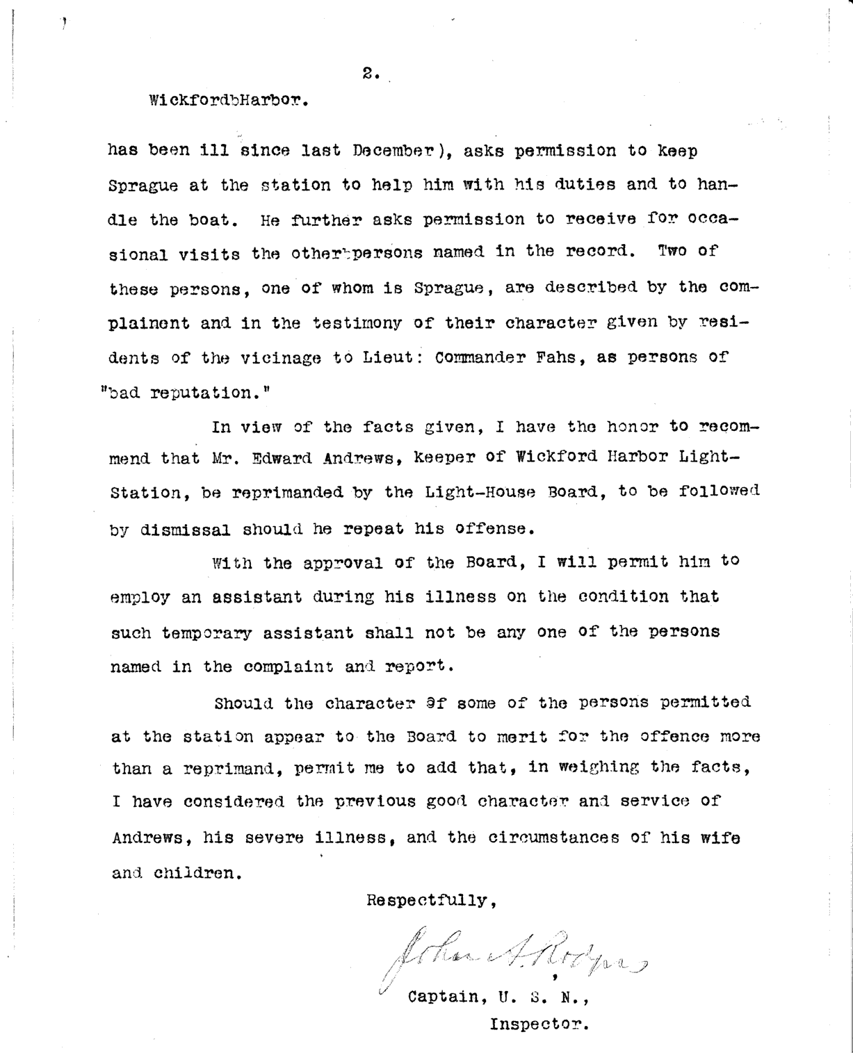 Wickford Harbor Light - Inspector's Letter to Light-house Board - page 2