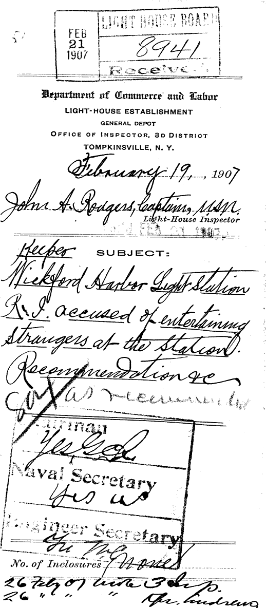Wickford Harbor Light - Inspector's Subject memo notice to Light-house Board - page 1