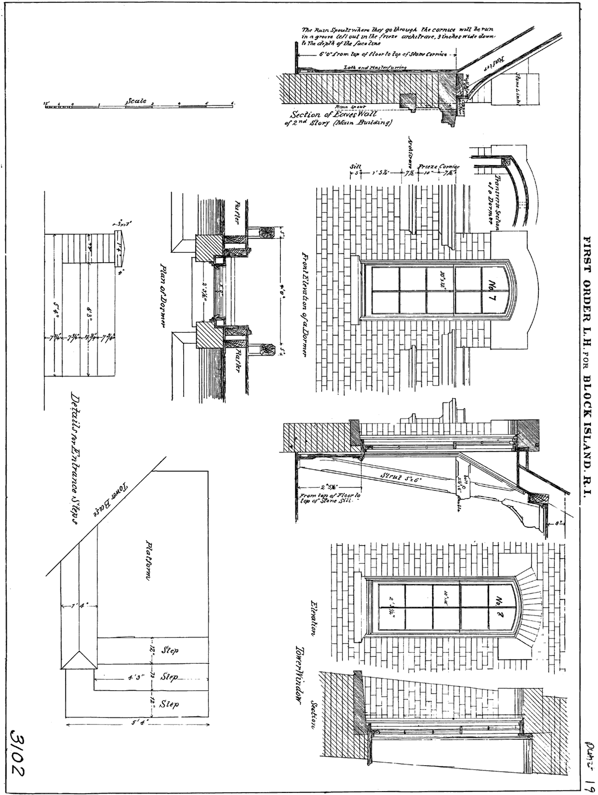 Plan for Block Island Southeast Lighthouse's entrance steps, dormer, and caves